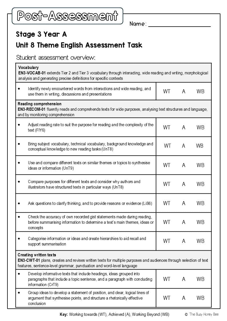 Stage 3 Year A English Pre- and Post-Assessment Unit 8 Theme -
