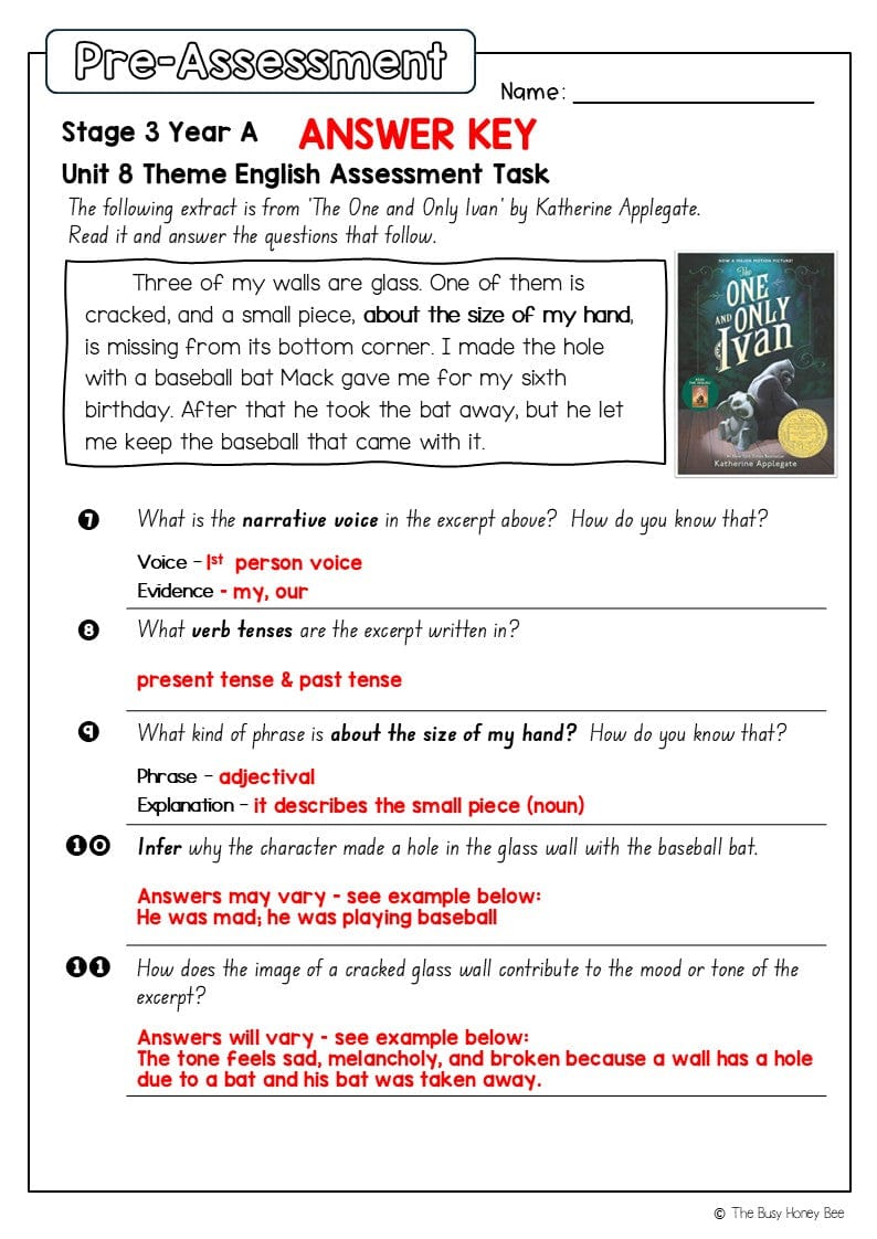 Stage 3 Year A English Pre- and Post-Assessment Unit 8 Theme -