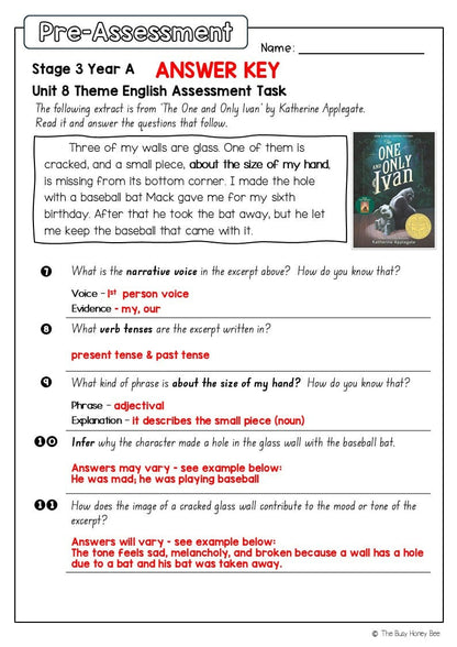 Stage 3 Year A English Pre- and Post-Assessment Unit 8 Theme -