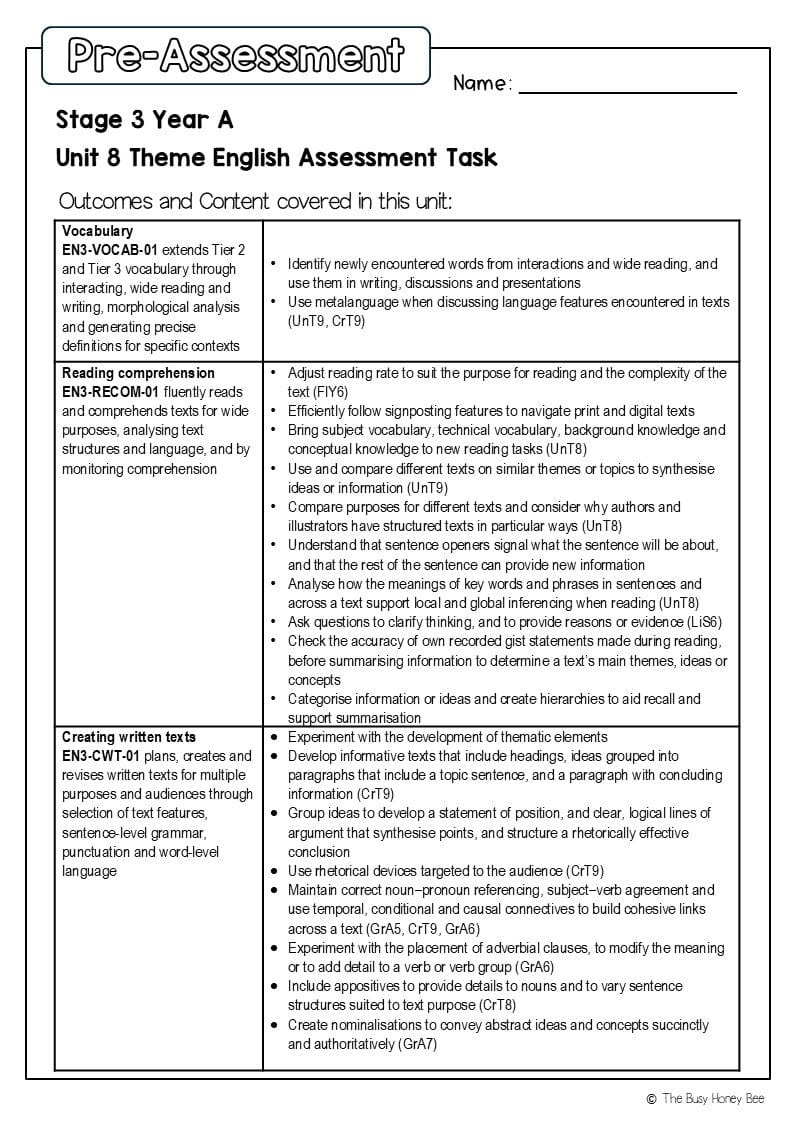 Stage 3 Year A English Pre- and Post-Assessment Unit 8 Theme -