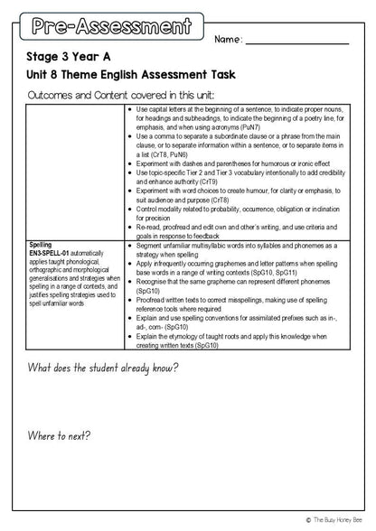 Stage 3 Year A English Pre- and Post-Assessment Unit 8 Theme -
