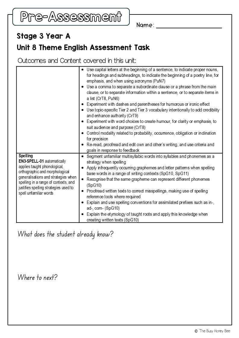 Stage 3 Year A English Pre- and Post-Assessment Unit 8 Theme -