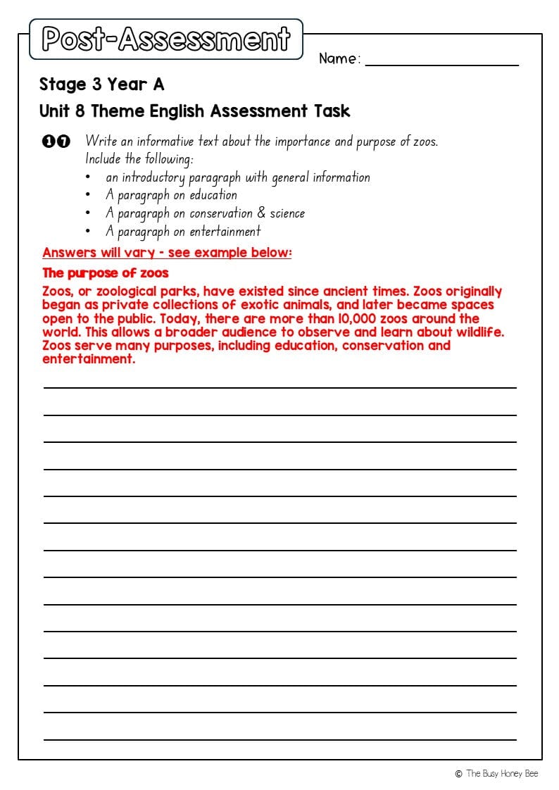Stage 3 Year A English Pre- and Post-Assessment Unit 8 Theme -
