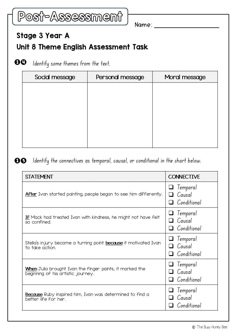 Stage 3 Year A English Pre- and Post-Assessment Unit 8 Theme -