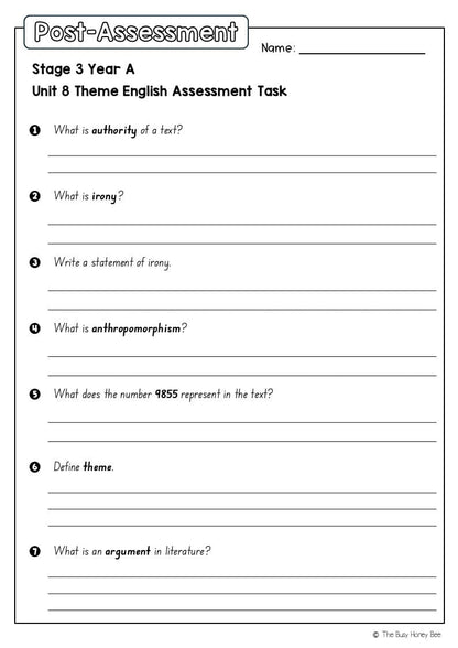 Stage 3 Year A English Pre- and Post-Assessment Unit 8 Theme -