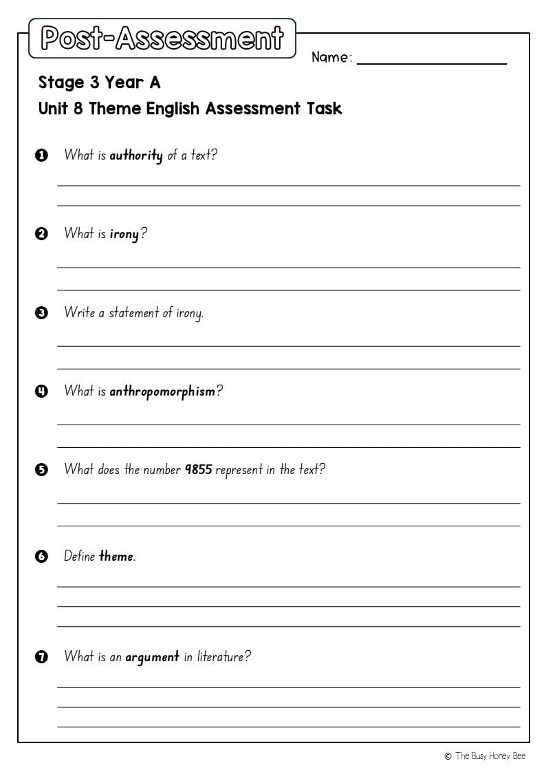 Stage 3 Year A English Pre- and Post-Assessment Unit 8 Theme -