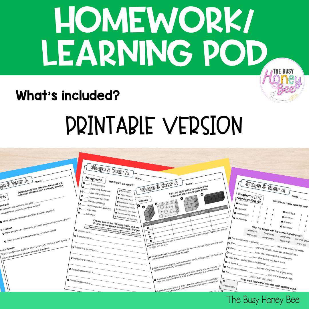 Stage 3 Year A Homework/Learning Pod 17 - Homework | Casual Teaching