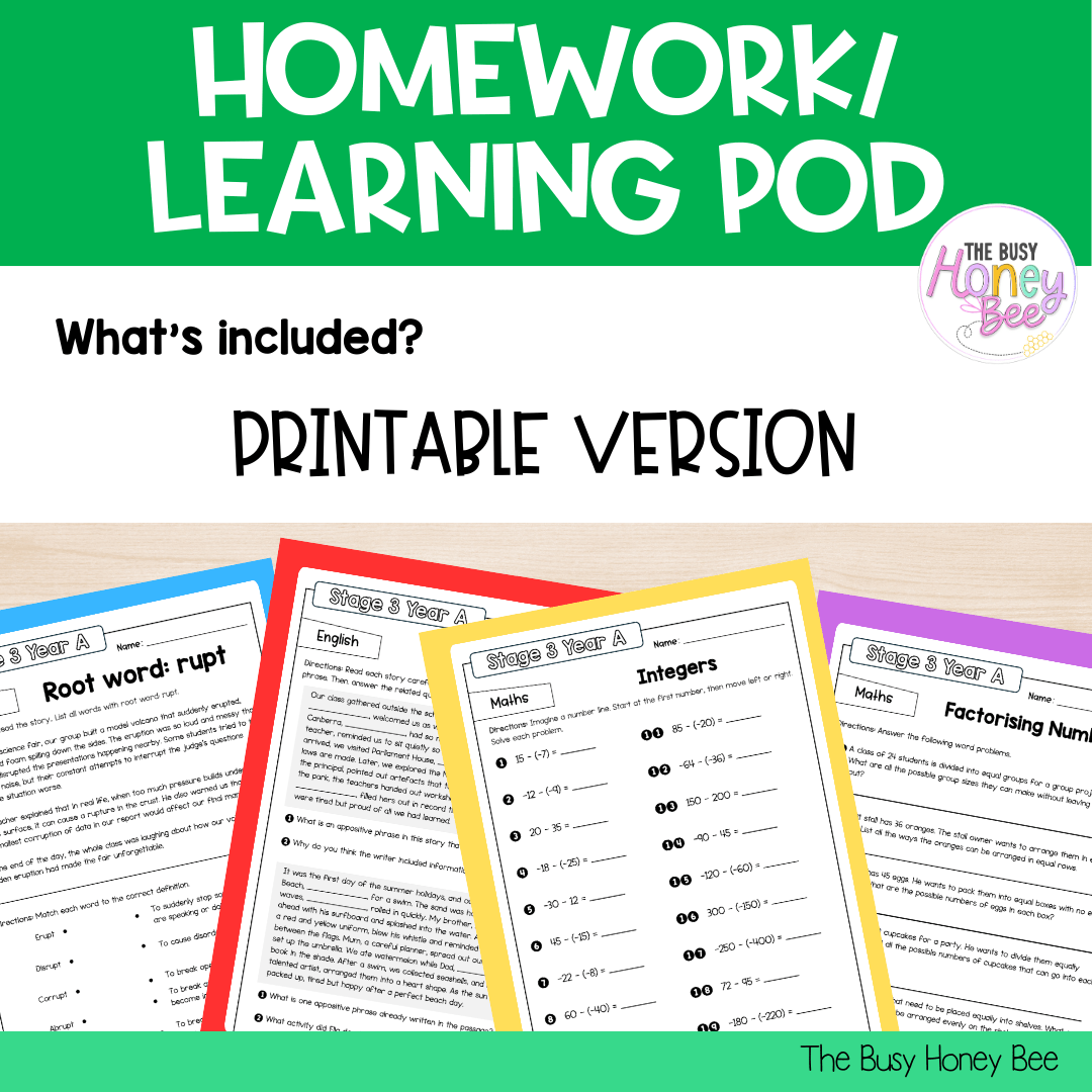 Stage 3 Year A Homework/Learning Pod 20 - Homework | Casual Teaching