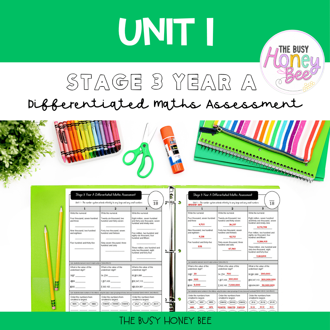 Stage 3 Year A Term 1 Differentiated Maths Assessment Bundle - Assessment