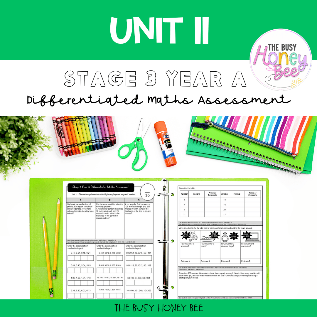 Stage 3 Year A Term 3 Differentiated Maths Assessment Bundle - Assessment