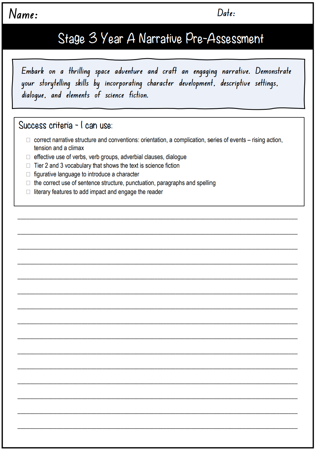 Stage 3 Year A Unit 1 Narrative Writing Pre-Assessment - Assessment