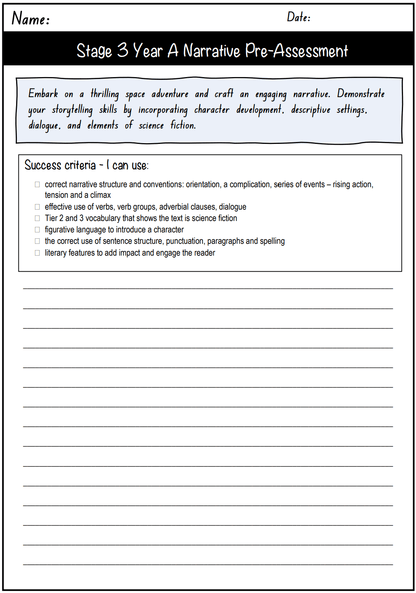 Stage 3 Year A Unit 1 Narrative Writing Pre-Assessment - Assessment