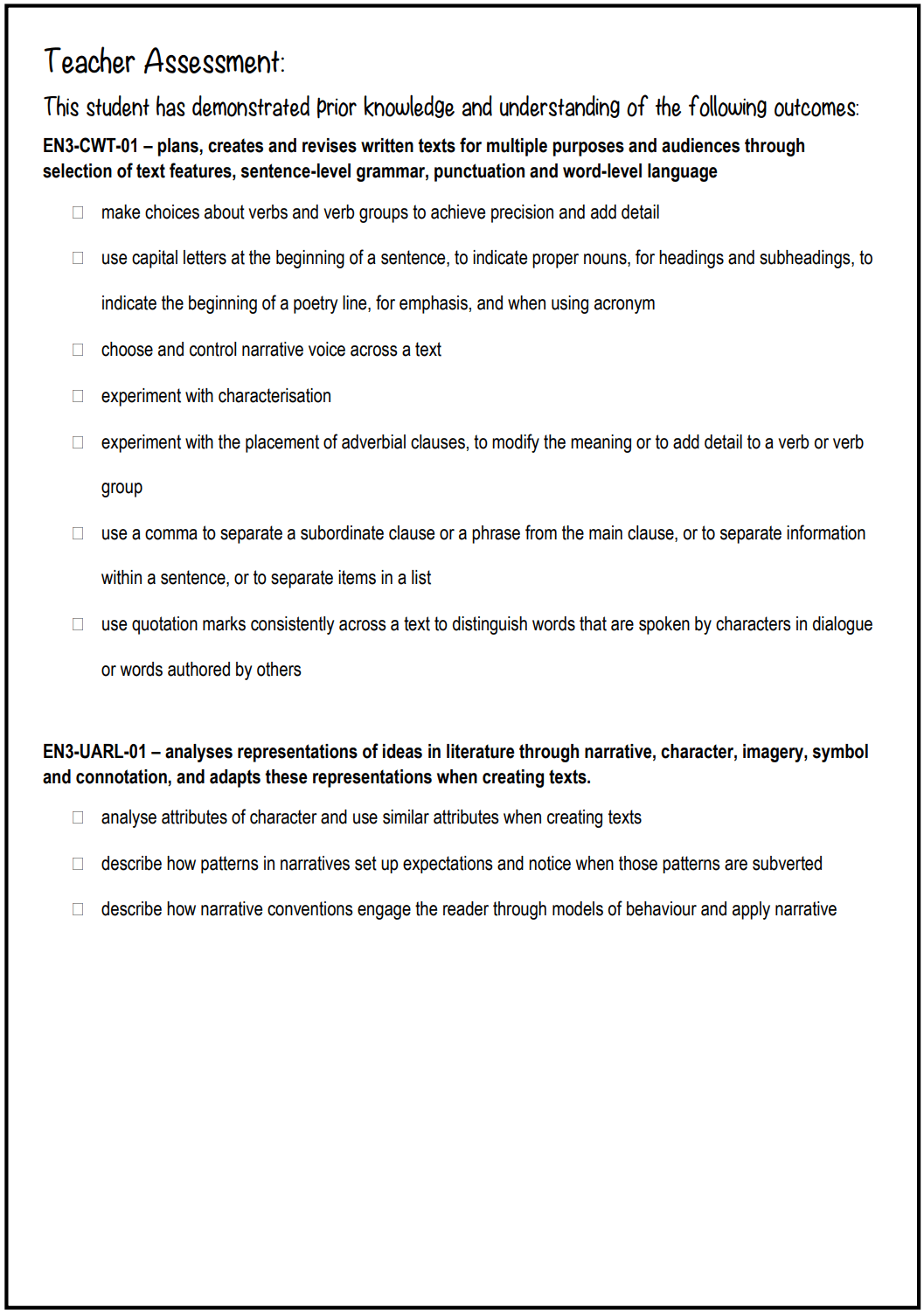 Stage 3 Year A Unit 1 Narrative Writing Pre-Assessment - Assessment