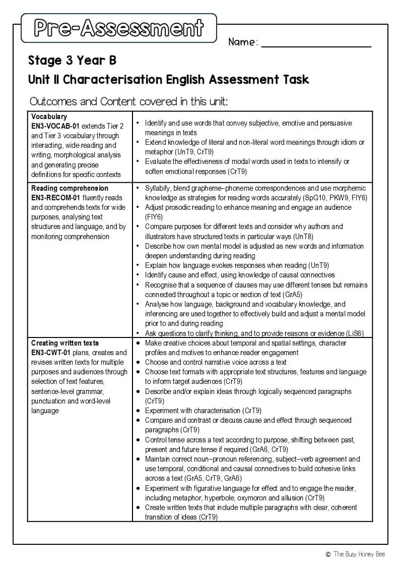 Stage 3 Year B English Pre- and Post-Assessment Unit 11 Characterisation -