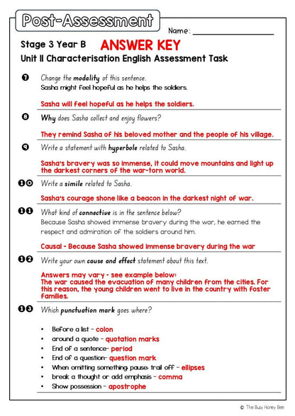 Stage 3 Year B English Pre- and Post-Assessment Unit 11 Characterisation -