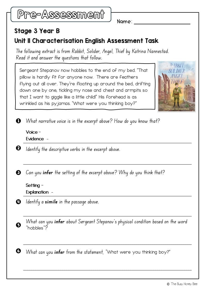 Stage 3 Year B English Pre- and Post-Assessment Unit 11 Characterisation -