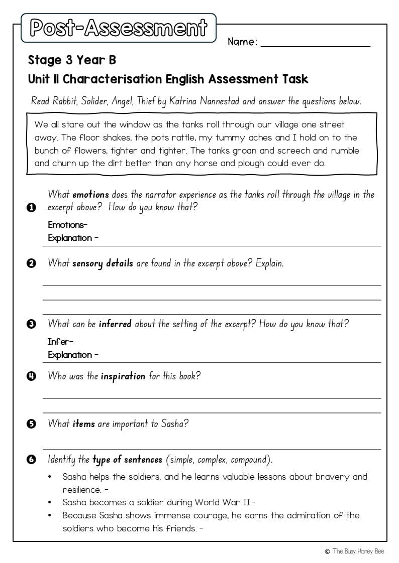 Stage 3 Year B English Pre- and Post-Assessment Unit 11 Characterisation -