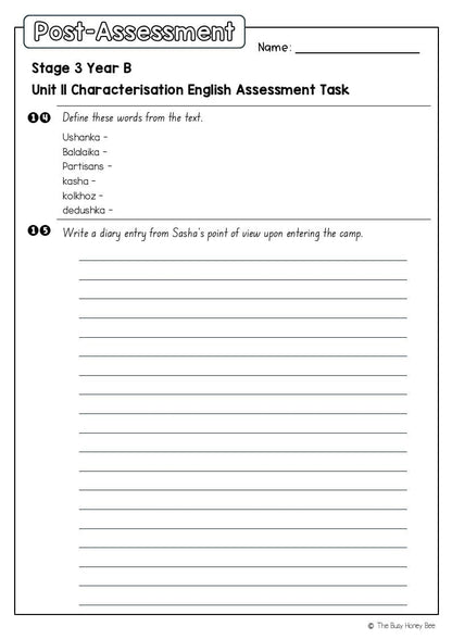 Stage 3 Year B English Pre- and Post-Assessment Unit 11 Characterisation -