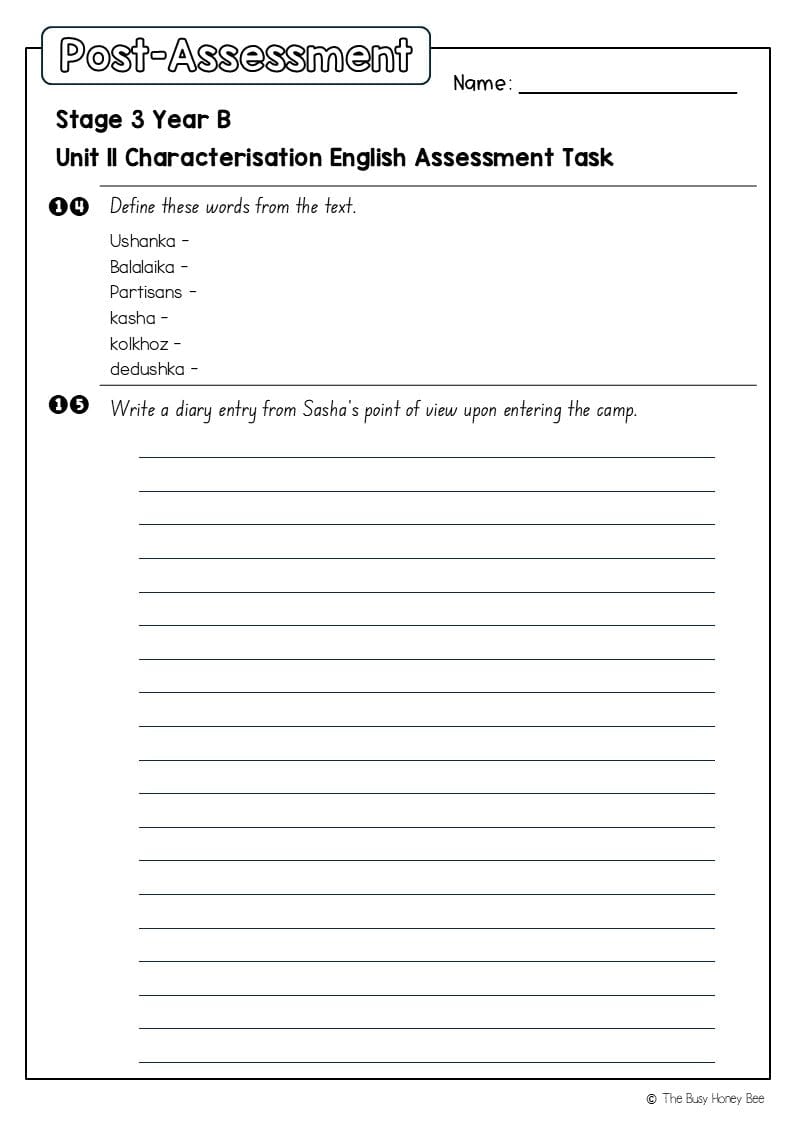 Stage 3 Year B English Pre- and Post-Assessment Unit 11 Characterisation -