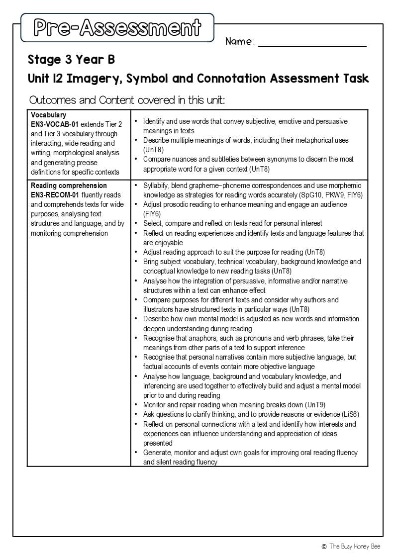 Stage 3 Year B English Pre- and Post-Assessment Unit 12 Imagery, symbol and connotation -