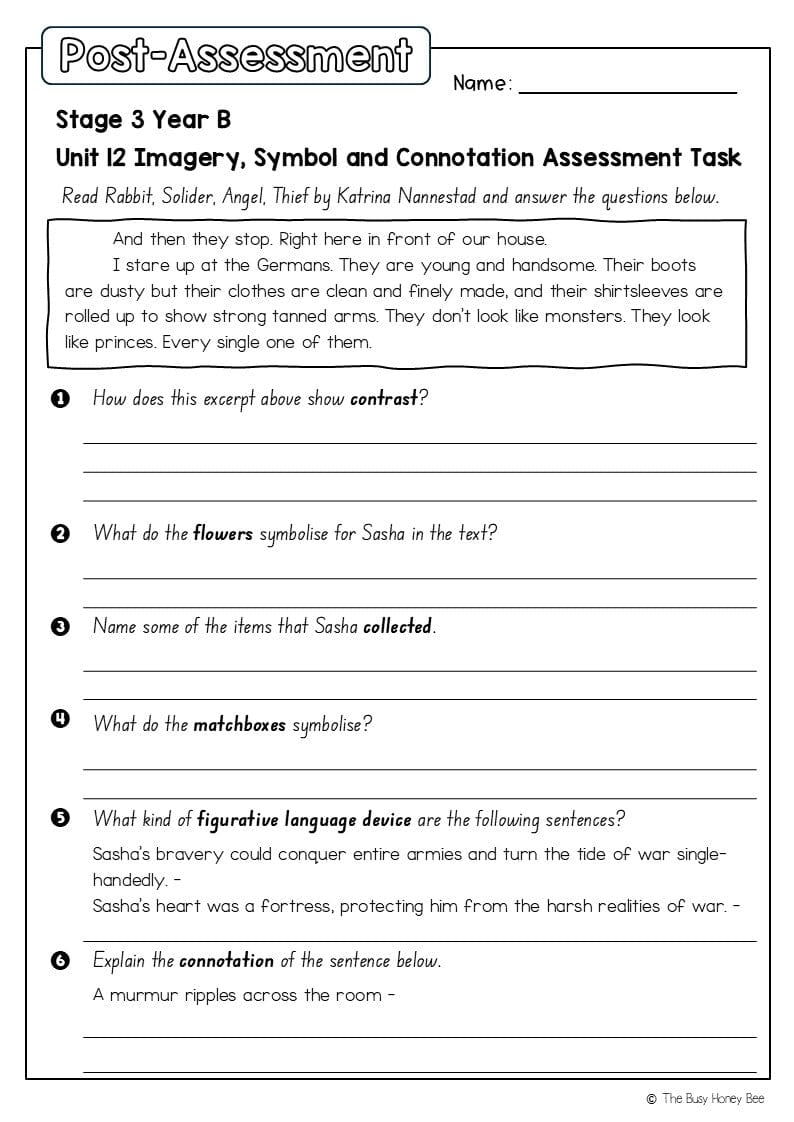 Stage 3 Year B English Pre- and Post-Assessment Unit 12 Imagery, symbol and connotation -