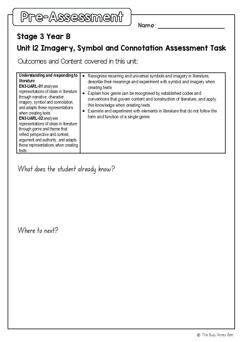 Stage 3 Year B English Pre- and Post-Assessment Unit 12 Imagery, symbol and connotation -