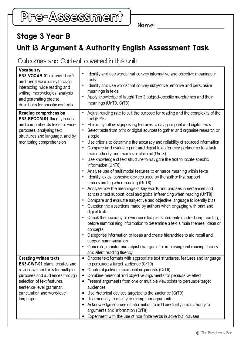 Stage 3 Year B English Pre- and Post-Assessment Unit 13 Argument and authority -