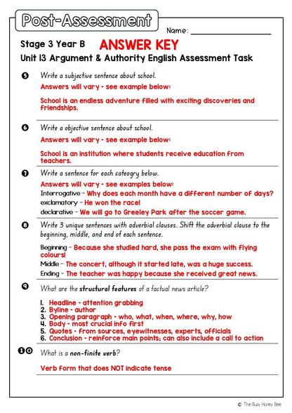 Stage 3 Year B English Pre- and Post-Assessment Unit 13 Argument and authority -
