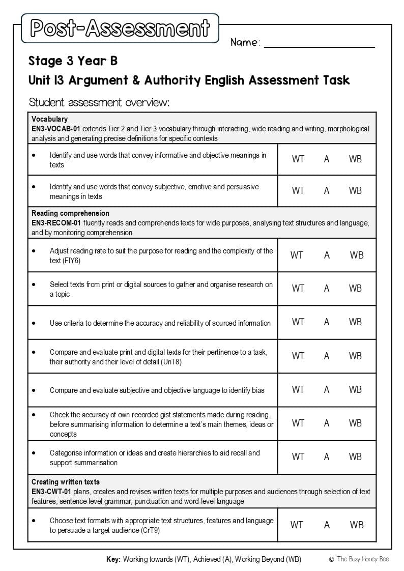 Stage 3 Year B English Pre- and Post-Assessment Unit 13 Argument and authority -