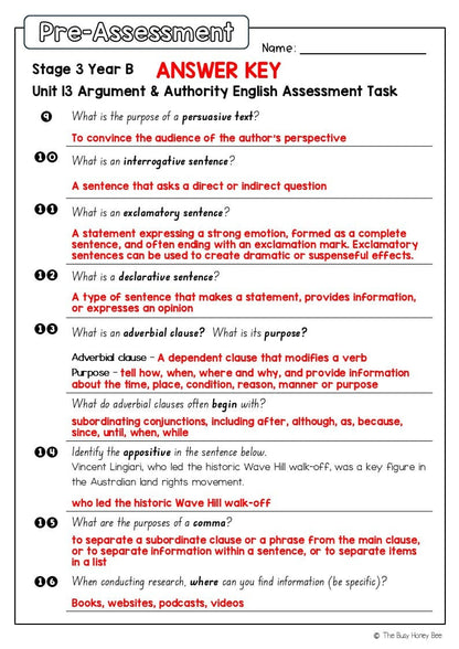 Stage 3 Year B English Pre- and Post-Assessment Unit 13 Argument and authority -
