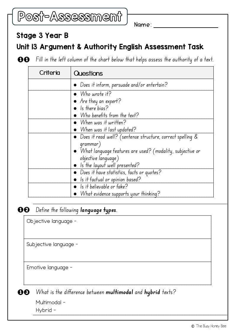Stage 3 Year B English Pre- and Post-Assessment Unit 13 Argument and authority -