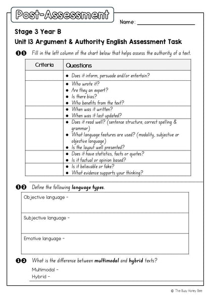 Stage 3 Year B English Pre- and Post-Assessment Unit 13 Argument and authority -