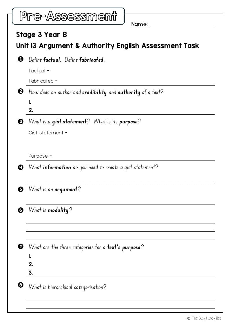 Stage 3 Year B English Pre- and Post-Assessment Unit 13 Argument and authority -