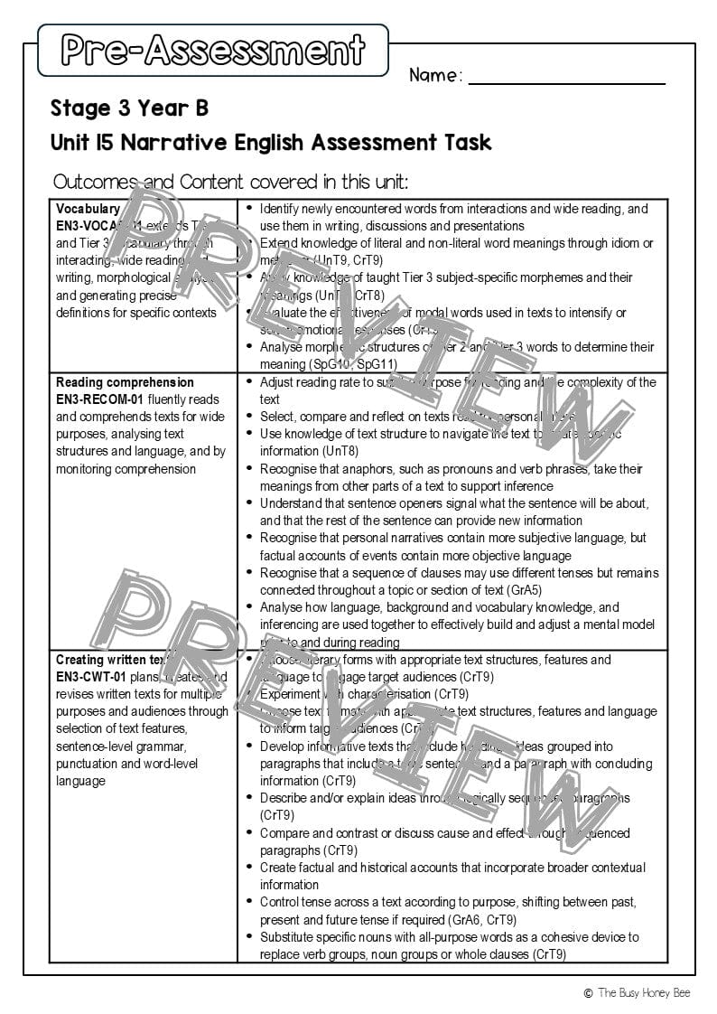 Stage 3 Year B English Pre- and Post-Assessment Unit 15 Narrative -
