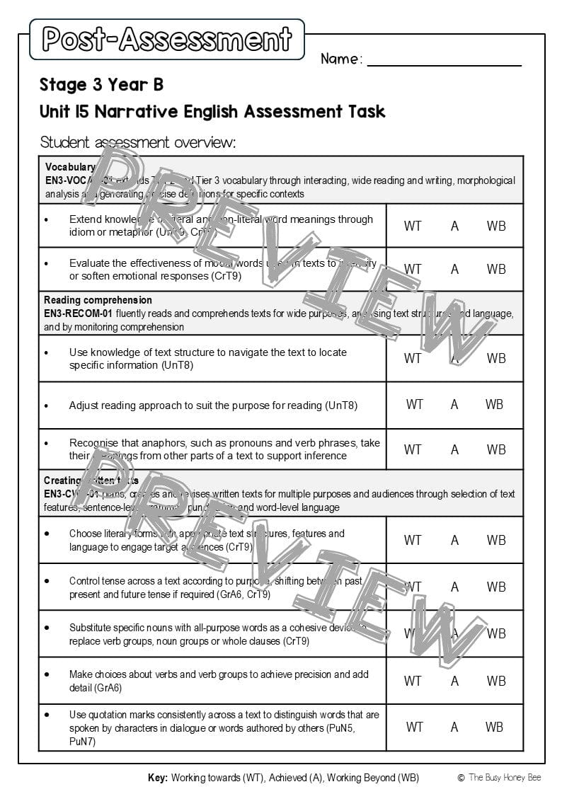 Stage 3 Year B English Pre- and Post-Assessment Unit 15 Narrative -