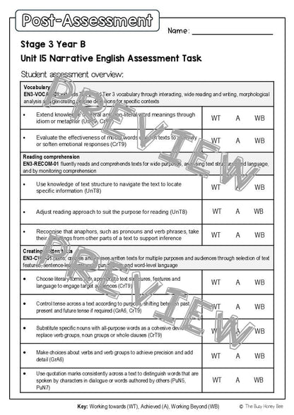 Stage 3 Year B English Pre- and Post-Assessment Unit 15 Narrative -