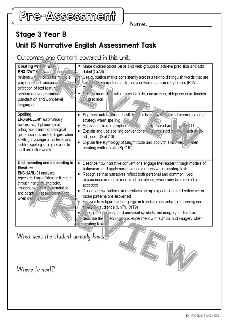 Stage 3 Year B English Pre- and Post-Assessment Unit 15 Narrative -
