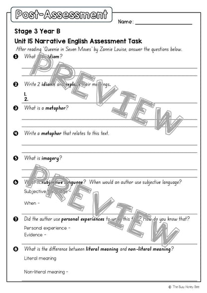 Stage 3 Year B English Pre- and Post-Assessment Unit 15 Narrative -