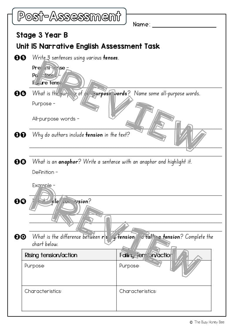 Stage 3 Year B English Pre- and Post-Assessment Unit 15 Narrative -