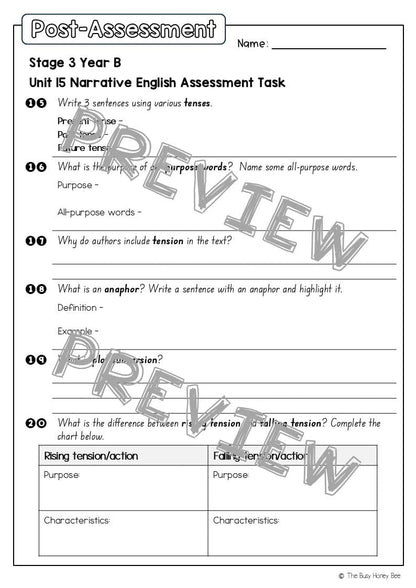 Stage 3 Year B English Pre- and Post-Assessment Unit 15 Narrative -