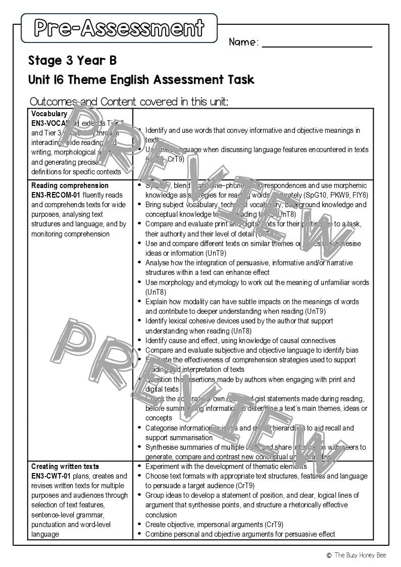 Stage 3 Year B English Pre- and Post-Assessment Unit 16 Theme -