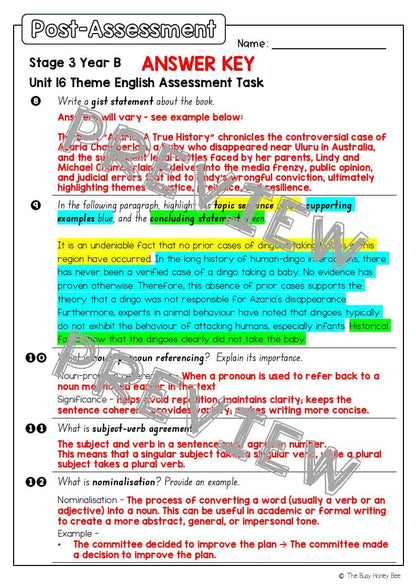 Stage 3 Year B English Pre- and Post-Assessment Unit 16 Theme -