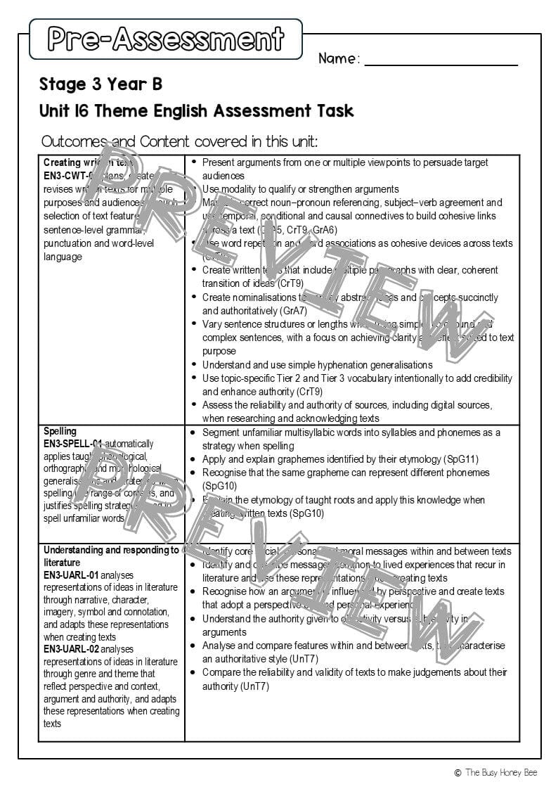 Stage 3 Year B English Pre- and Post-Assessment Unit 16 Theme -