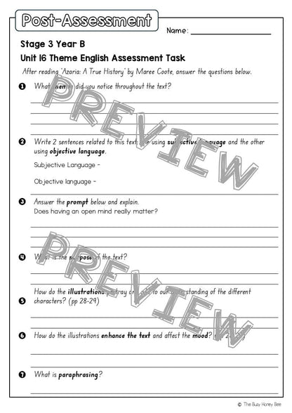 Stage 3 Year B English Pre- and Post-Assessment Unit 16 Theme -