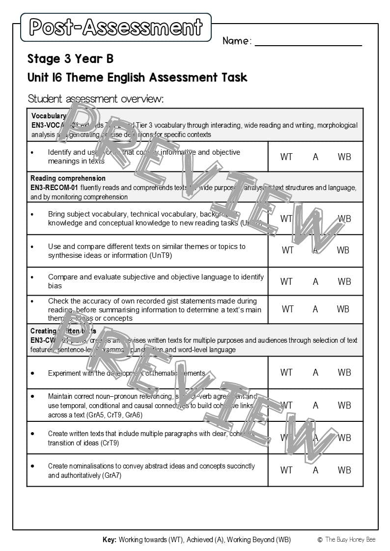 Stage 3 Year B English Pre- and Post-Assessment Unit 16 Theme -