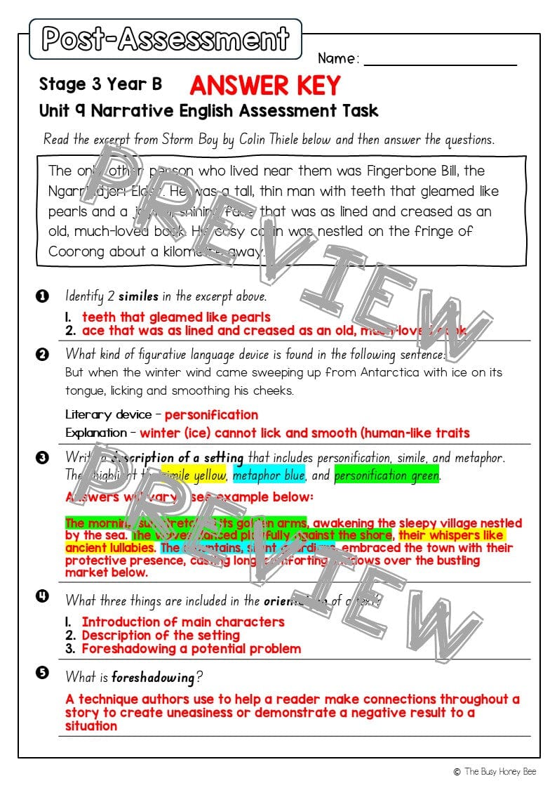 Stage 3 Year B English Pre- and Post-Assessment Unit 9 Narrative -
