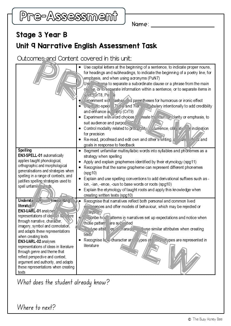 Stage 3 Year B English Pre- and Post-Assessment Unit 9 Narrative -