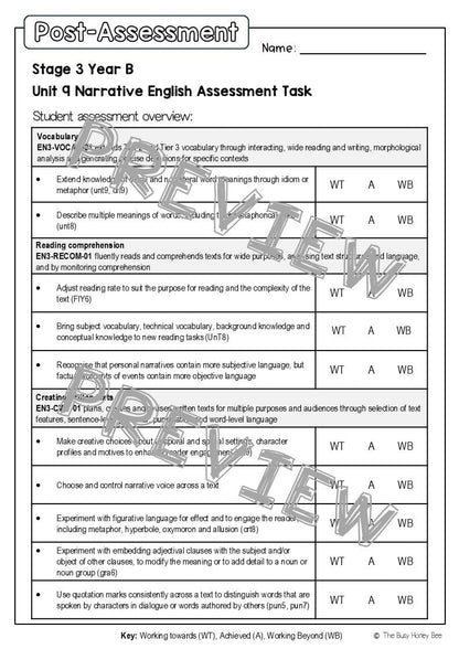 Stage 3 Year B English Pre- and Post-Assessment Unit 9 Narrative -