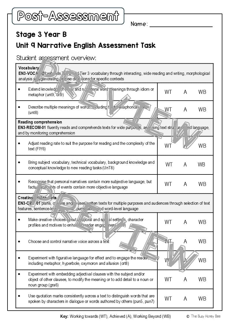 Stage 3 Year B English Pre- and Post-Assessment Unit 9 Narrative -