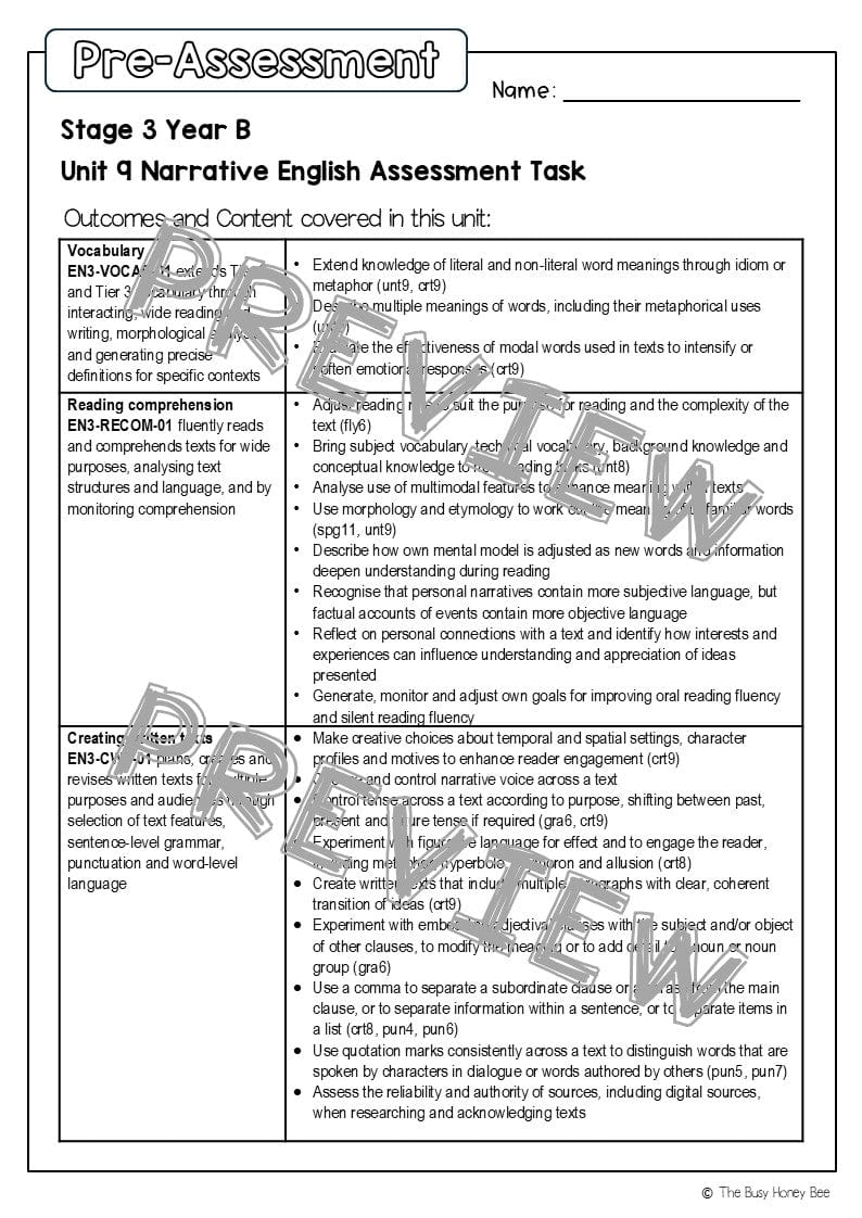 Stage 3 Year B English Pre- and Post-Assessment Unit 9 Narrative -